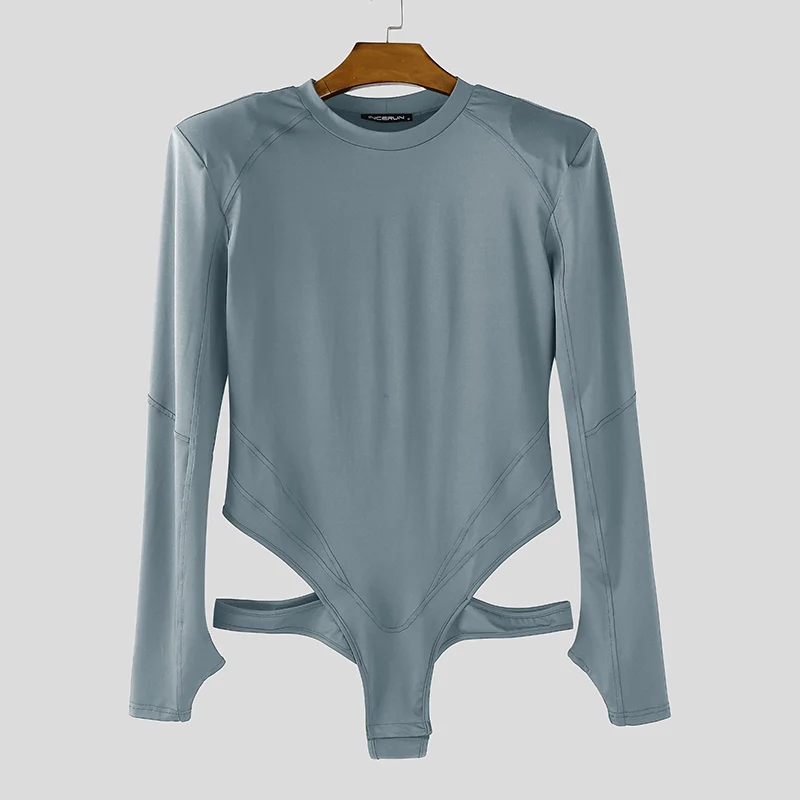 

INCERUN Men Bodysuits Solid Color O-neck Long Sleeve Rompers Men Sexy Hollow Out Fashion Skinny Casual Playsuit Male Bodysuit