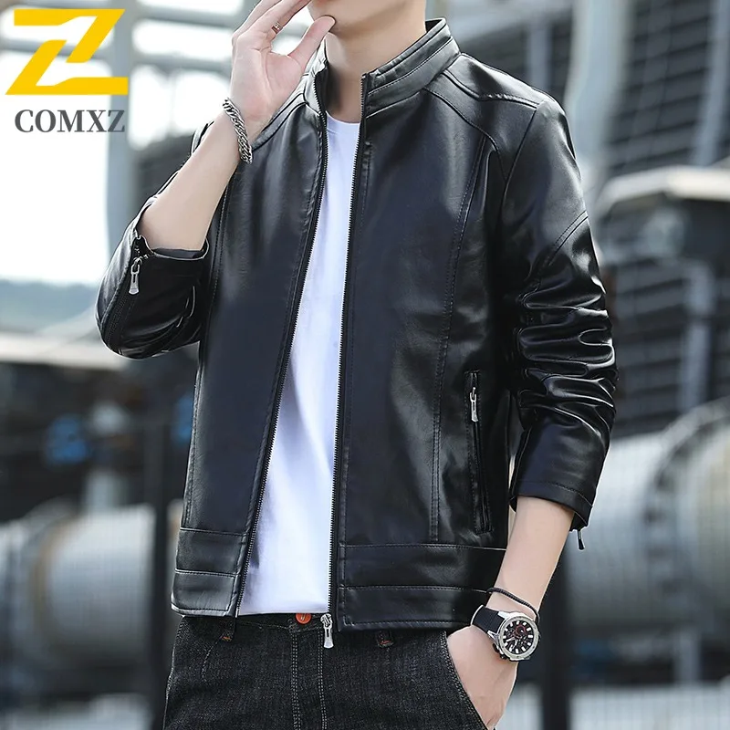 

COMXZ Мужская кожаная куртка премиум-класса с воротником-стойкой, ветрозащитное мотоциклетное пальто для езды на велосипеде, городская уютная легкая осенняя новая одежда