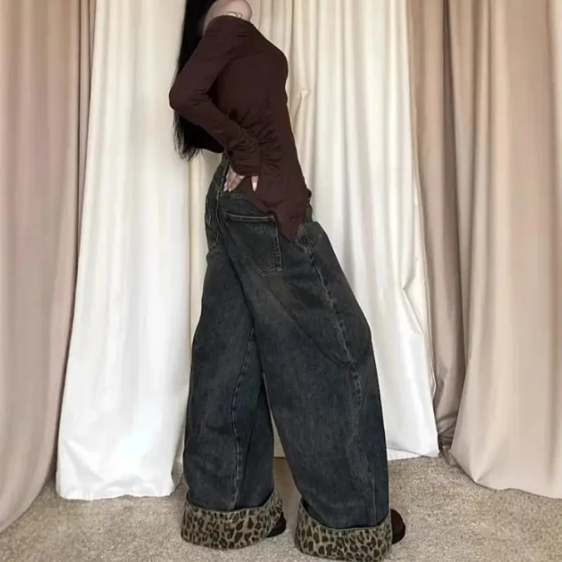 Trend Retro Street coreano Y2K stampa leopardata patchwork design jeans a gamba larga donna pantaloni larghi a gamba dritta bordi arrotolati ragazza