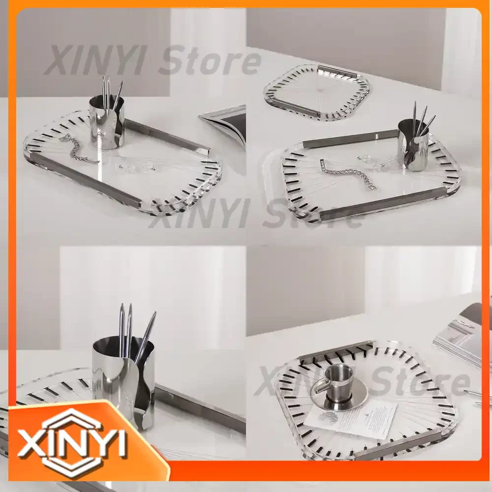 Modern Luxe Acrylic and Metal Line Tray for Home Use Transparent Geometric Display Tray for Living Room Dining Table Decor