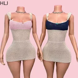 HLJ Sexy Knitting Hollow Bodycon Mini Spaghetti Strap Dresses Women Thin Backless Bandage Slim Vestidos Fashion Y2K Streetwear