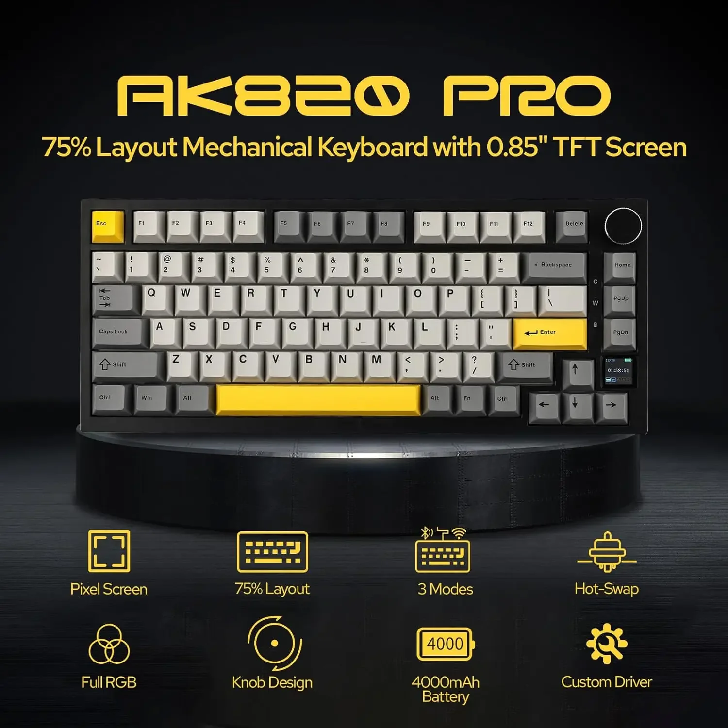 AJAZZ AK820 PRO Triple-Mode Wired/Wireless 2.4G/Bluetooth Office Gaming Keyboard, 75% Layout, ABS Hot-Swappable Keys