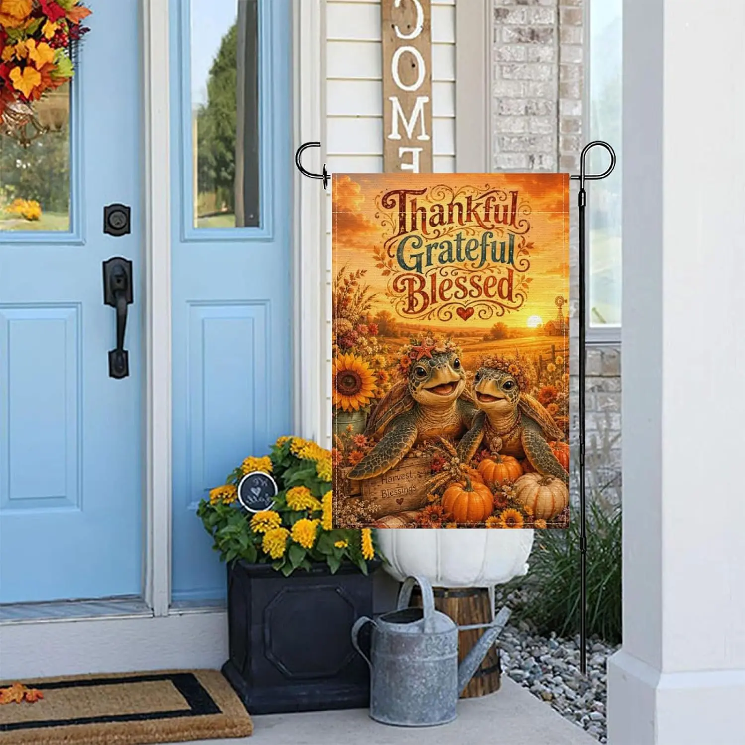 Thankful Grateful Blessed Sea Turtle Fall Garden Flag 12x18 Inch,Autumn Harvest Pumpkin Sunflower Rustic Farmhouse Outdoor Y aaz