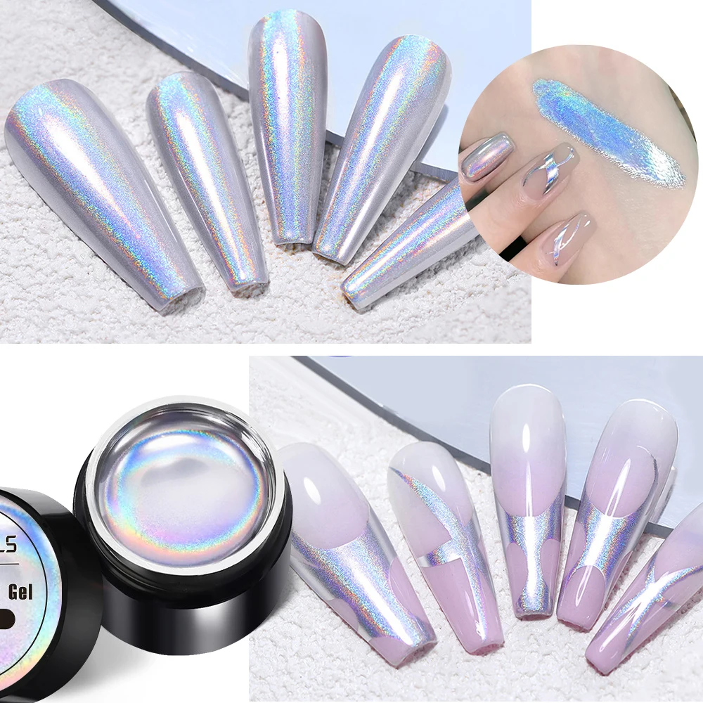 5ml Holographic Metallic Painting Gel Silver Mirror Chrome Nail Polish 3D Laser Rainbow Effect High Gloss Soak Off UV Nail Art