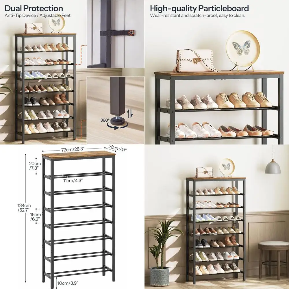 

32-Pair Adjustable Shoe Organizer, Freestanding Metal Rack, Large Storage, Rustic Brown & Black