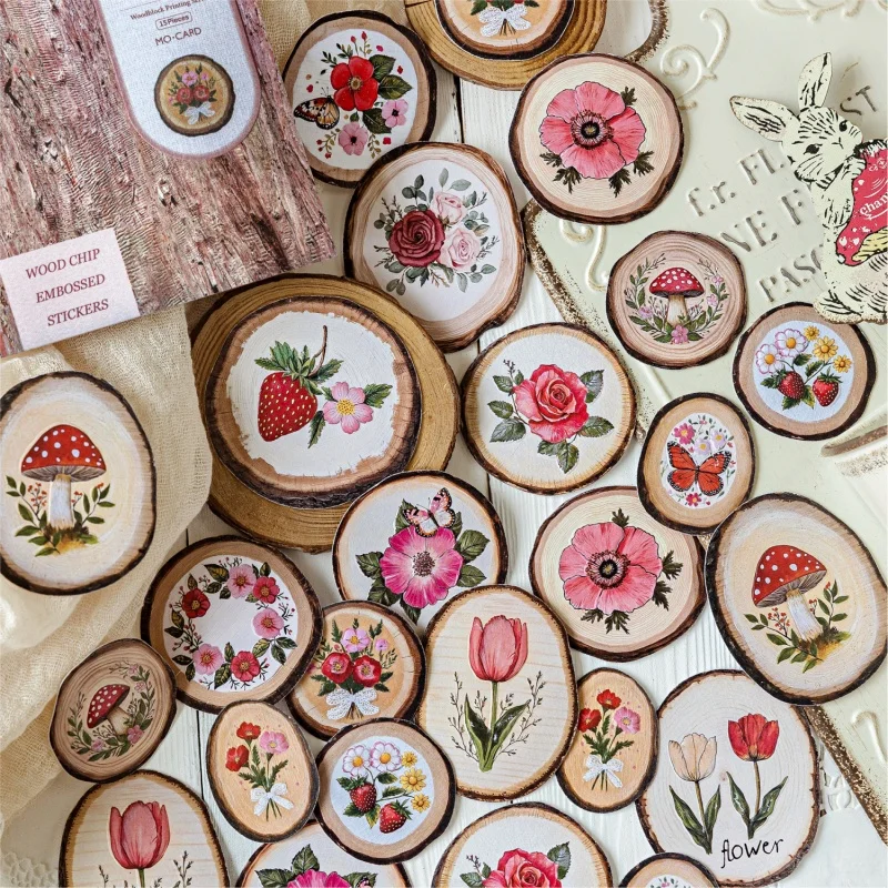15 ورقة في كل عبوة، ملصقات زخرفية مطبوعة خشبية، ملصقات دفتر القصاصات المصنوعة يدويًا #5