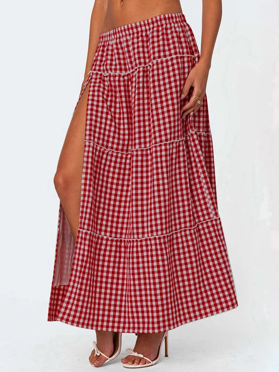 Women Gingham Side Slit Tiered Maxi Skirt Y2K Elastic Waist Flowy Vintage Plaid A Line Long Skirt Summer Clothes