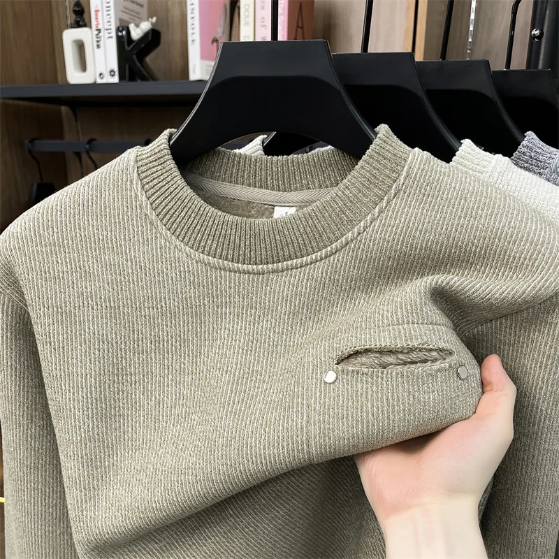 High Quality plush thicken warm pullover men's fashion knitting winter soft comfort pocket design round neck casual new sweater