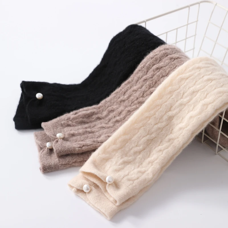 Velvet Wool Knitted Gloves Elegant Ribbed Fingerless Mitten Faux Pearl Decor Knit Gloves Solid Color Elastic Warm Gloves For Wom