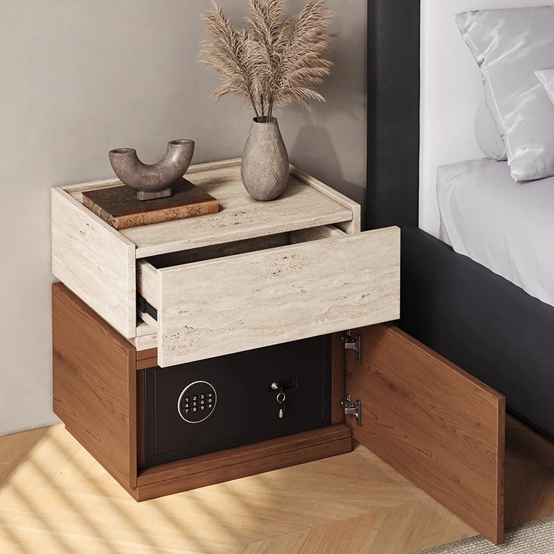 Solid wood bedside table with safe and password lock light luxury premium storage side cabinet for living room bedroom Furniture