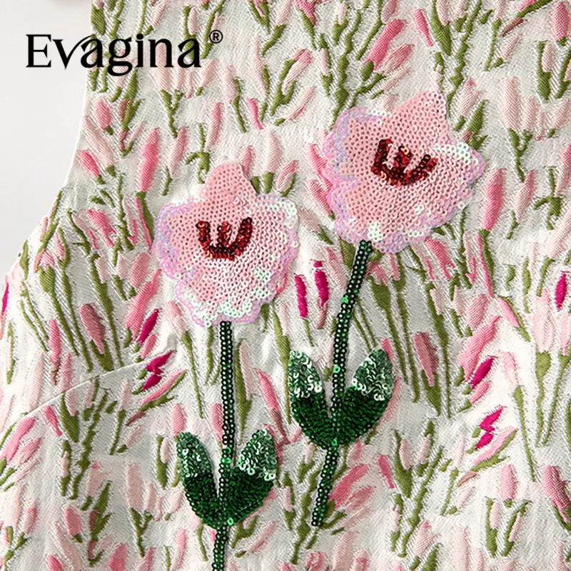 Evagina Spring/Summer New Fashionable Women's Sleeveless Jacquard Sequins High Street A-Line Short Dresses