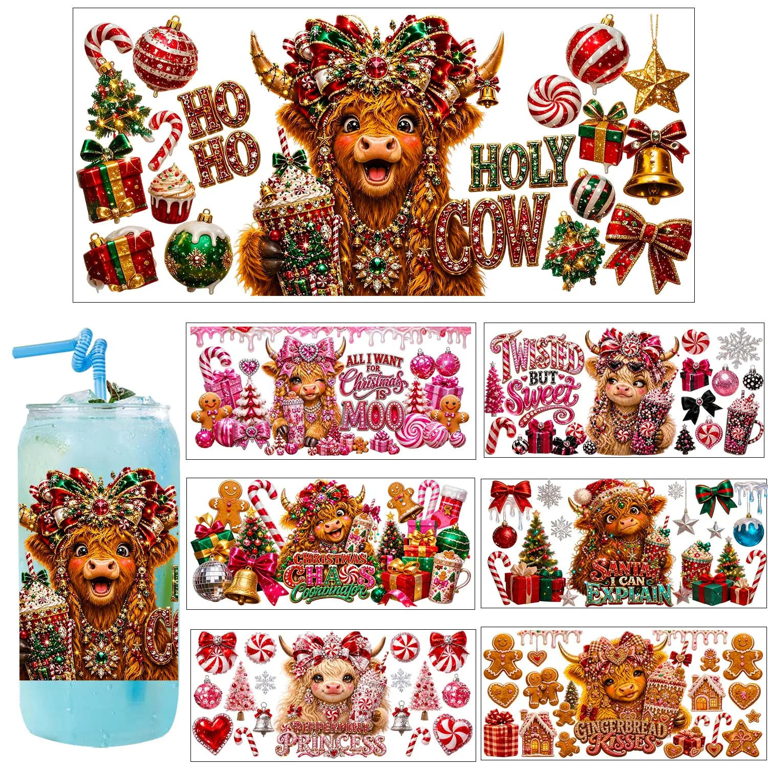 Christmas Highland cattle 16oz UV DTF Transfer Sticker Waterproof DIY Decals 3D Transfers UVDTF Sticker 16oz UV DTF Cup Wraps