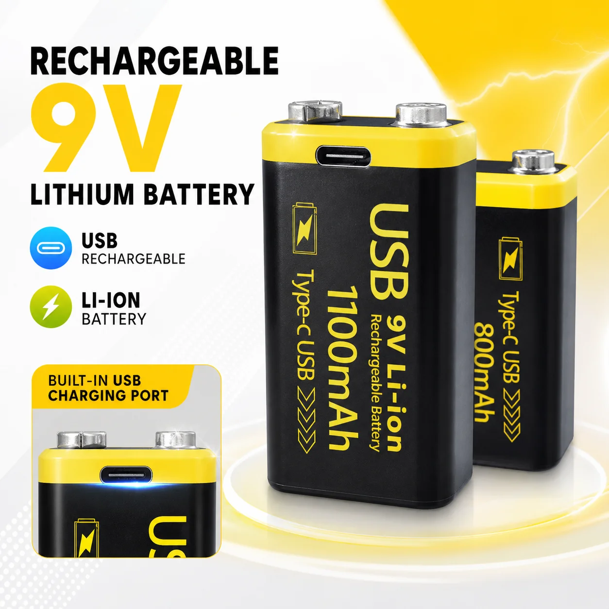 9V Rechargeable Battery 800mAh 1100mAh Type-C Charging Port for Multimeter Toy Remote Control Electronic Devices