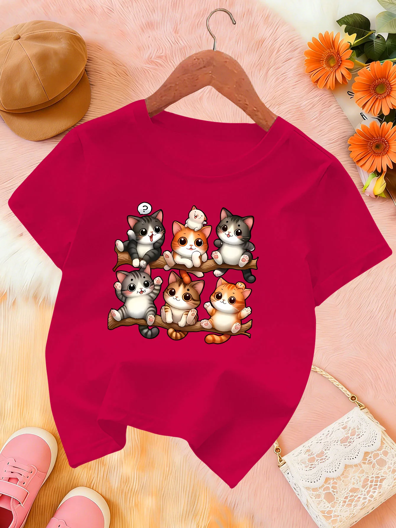 Cute Cartoon Group Kittens On Branch Print Kids T Shirt Boys Girls Short Sleeve Cotton Family Matching Toddler Daily Casual Tops