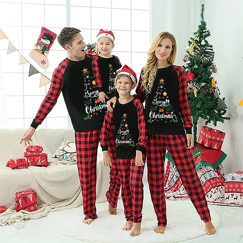 Christmas Family Pajamas Matching Set Short Sleeve Reindeer Print T-shirt with Striped Pants Sleepwear Loungewear for the Xmas