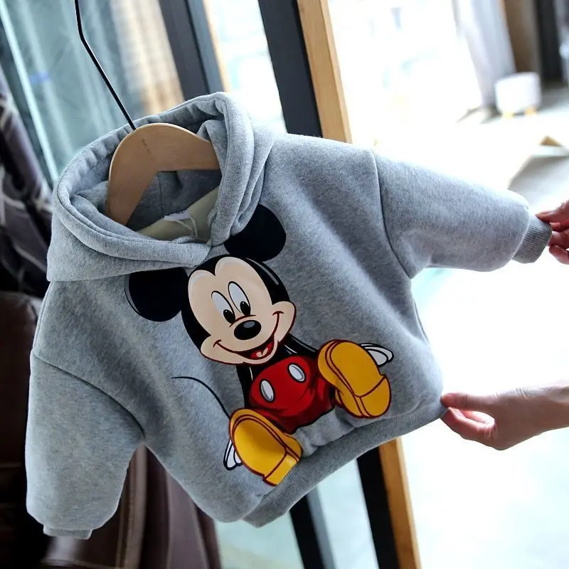 Winter Kids Plus Cashmere Mickey Mouse Hoodie Fall Boys and Girls Thick Warm Cute Long Sleeve T-shirt Kids Casual Clothing