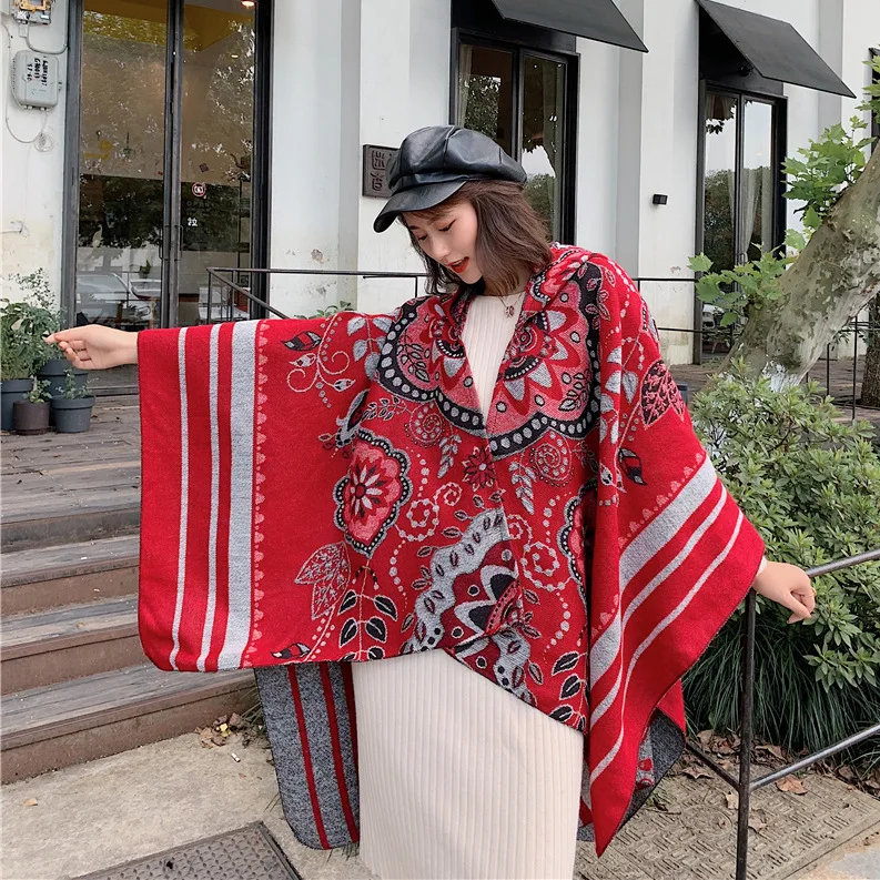 Ethnic style dual-purpose winter scarf and cloak paired with large floral patterns autumn and winter cloak shawl  women