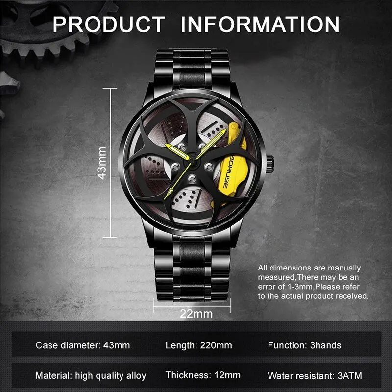 2023 Luxury Mens Fashion Car Wheel Watches Men Sports Waterproof Quartz Wristwatch Stainless Steel Wheel Hub Watch Montre Homme