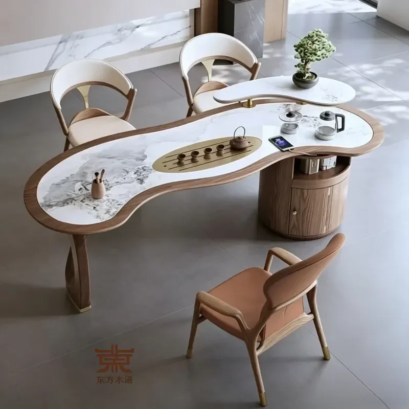 New Chinese Style Walnut Rock Slab Tea Table and Chair Set Solid Wood Office Special Shaped Arc Tenon Mortise Modern Light