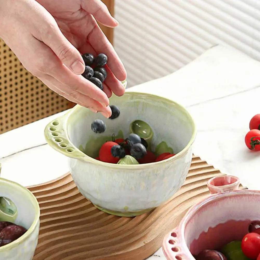 Food Washing Spinner Rotating Fruit Colander Ceramic Berry Swirl Washing Bowl with Self-spinning Drain Holes for Strawberries
