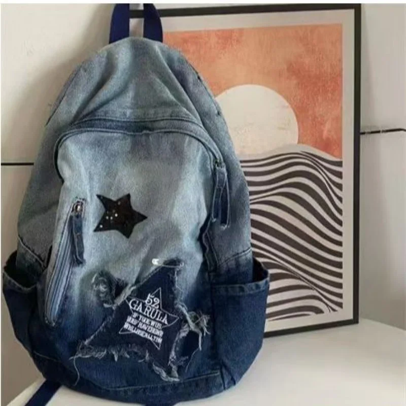 

Y2K Korean Goth Backpack For Women Stars Collage Denim Shoulder Punk Bag Large Capacity School Backpack Travel Mochila Femenina