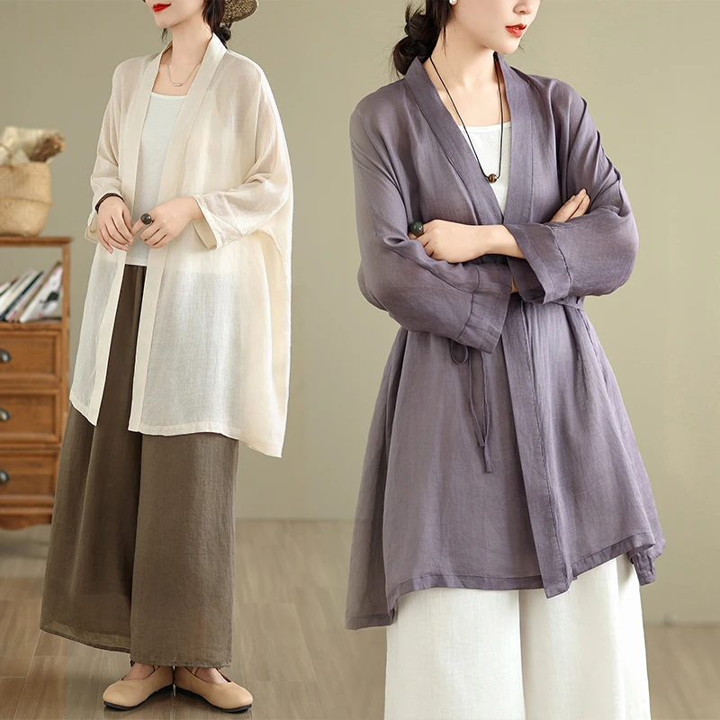 

Women's Loose Fit Color Open Cardigan Drawstring Sun Protection Top Summer New Chinese Style Casual Outerwear