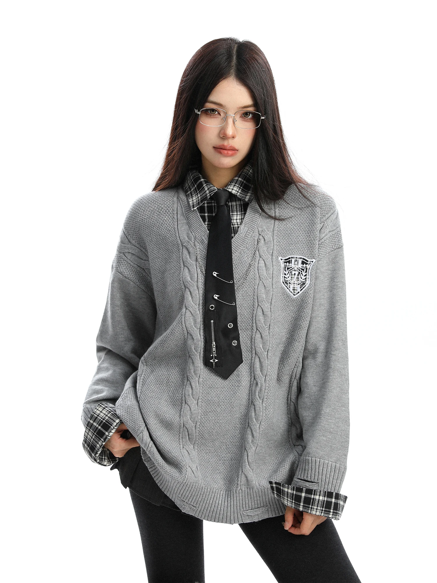 

Biggold, осенне-зимний вязаный свитер, женский свободный вязаный топ, искусственный двухсекционный клетчатый галстук, теплый термобелье