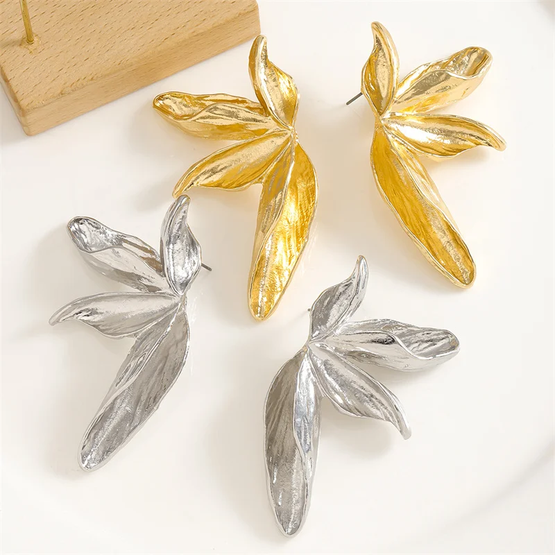 XIALUOKE Metal Leaf Asymmetric Stud Earrings For Women European American Style Chunky Jewelry