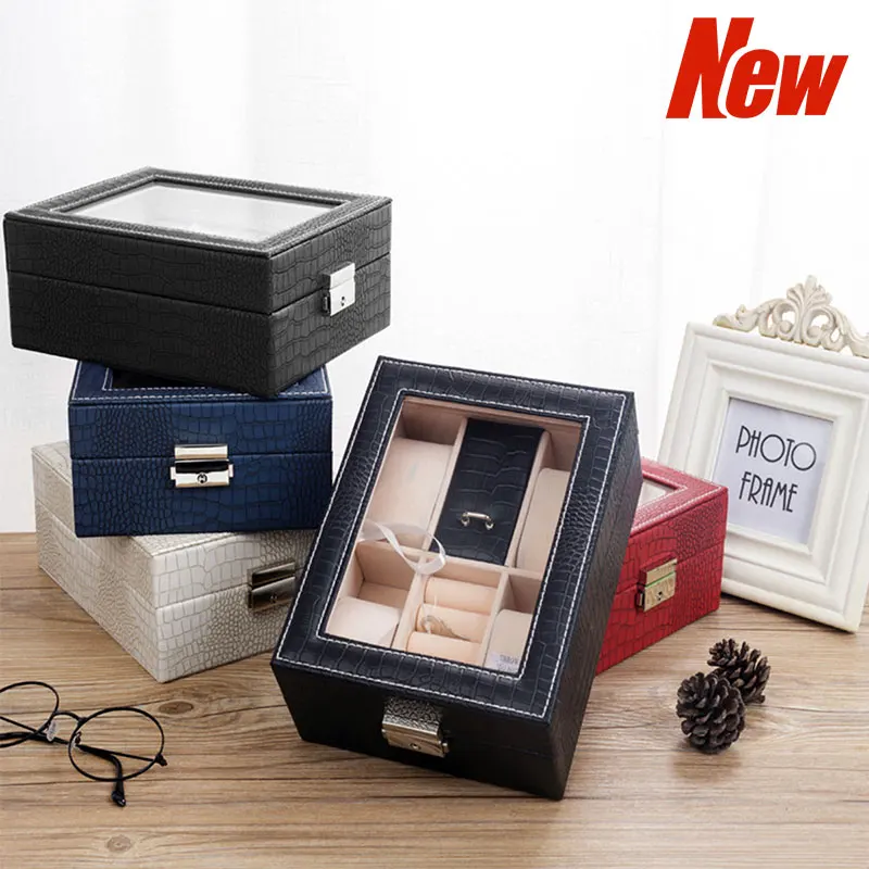 

Деревянная шкатулка для часов из кожи, коробка для хранения ювелирных изделий, в европейском стиле, с узором под кожу ящерицы, из искусственной кожи, с несколькими отделениями