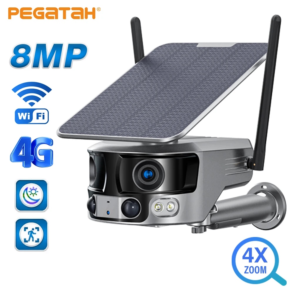 

PEGATAH 4K Solar Security Camera Outdoor 4X Zoom Dual Lens 180° Ultra Wide View Angle PIR Human Detection 4G/WIFI CCTV Cameras