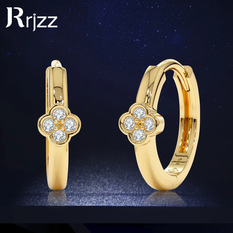 

Rrjzz 925 Sterling Silver Lucky Four-Leaf Clover Hoop Earring 2mm Round Moissanite Flower Design Earrings for Women Jewelry Gift