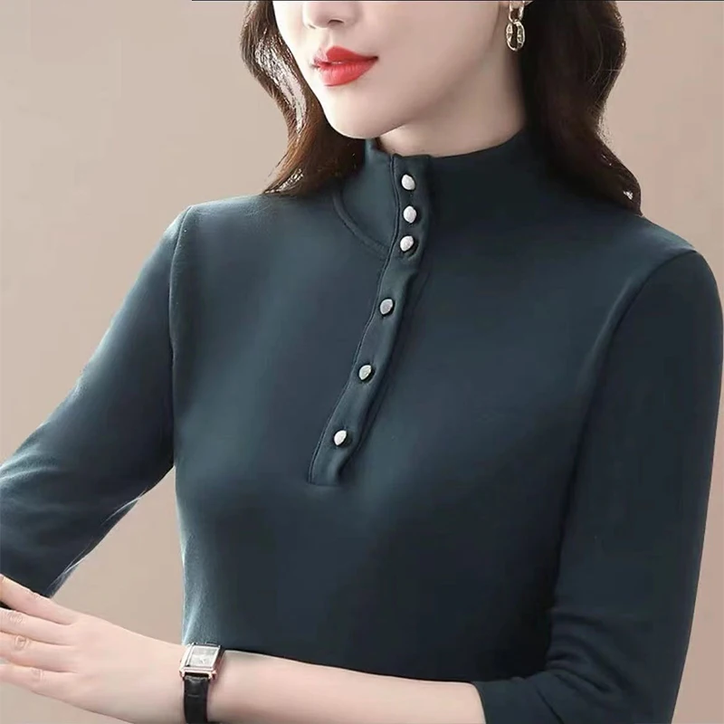 

Women's Autumn Winter Plus Velvet Elegant Turtleneck Pullover Long Sleeve Bottomed Shirt Solid Female Clothes Thick Slim Tops