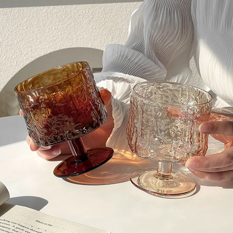 Bark High Footed Cup, Vintage Niche Design Home Glass Bubble Water Cup, High Aesthetic Drinking Cup, Banquet Table Decoration