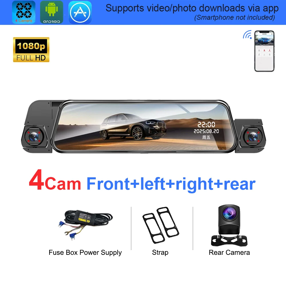 4-kanaals streaming dashcam met 4 camera's, app-besturing, 24-uurs parkeermodus, bewegingsdetectie, G-sensor, loop recording, time lapse, WDR