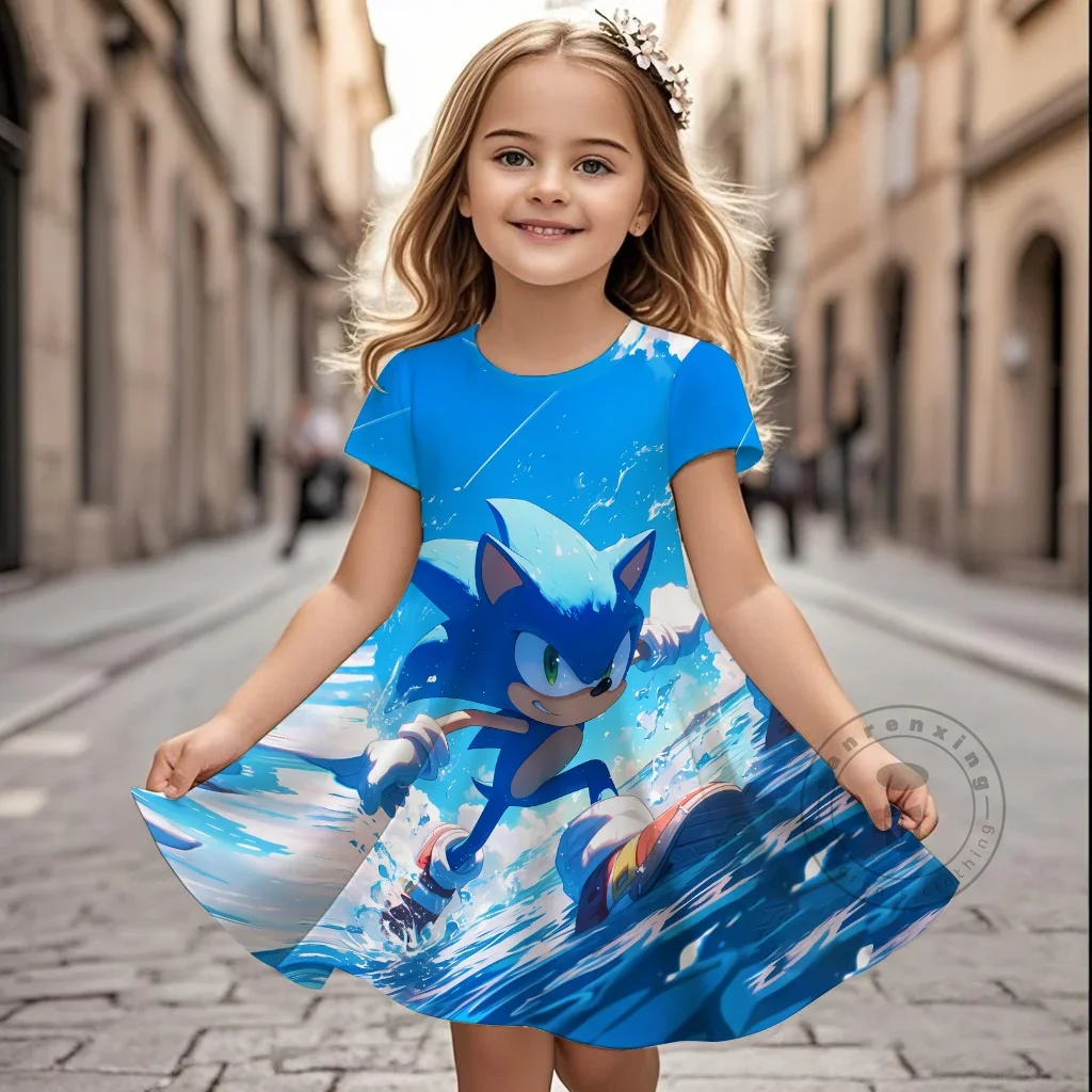 

New 3D Printing Dress Kid Short Sleeve Princess Frozen Clothing New Summer Girls Sonic Dress Fashion Cartoon Cute