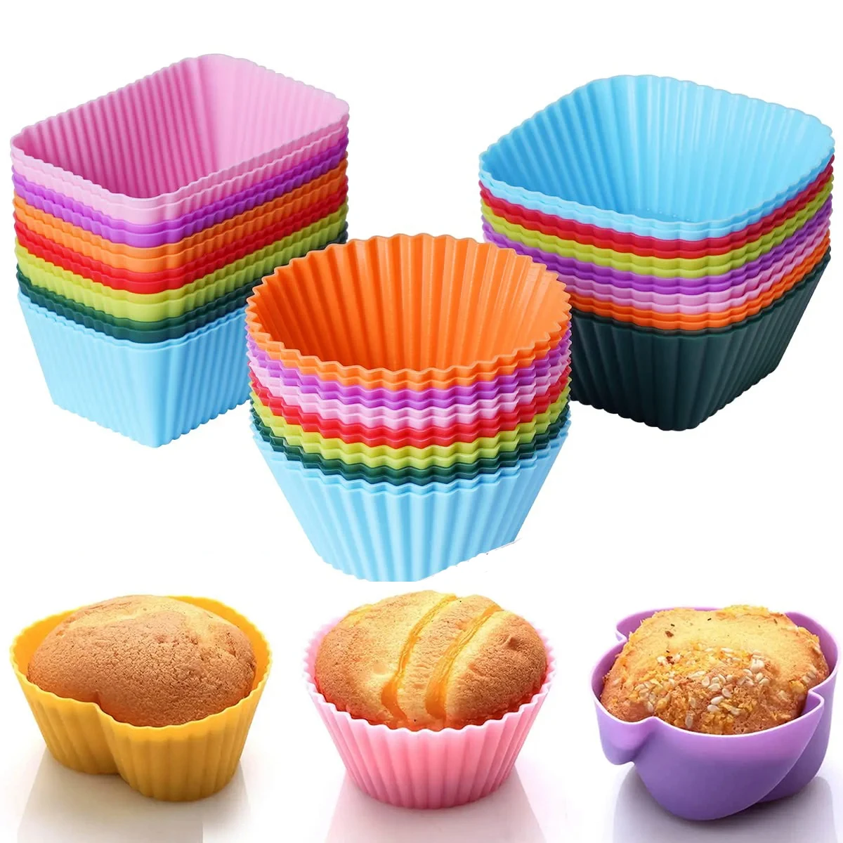 Lote de 6/12 unidades de moldes de silicona para hornear cupcakes, revestimientos reutilizables para tazas de muffins, envoltorios para cupcakes de arcoíris, molde antiadherente para fiestas y pasteles