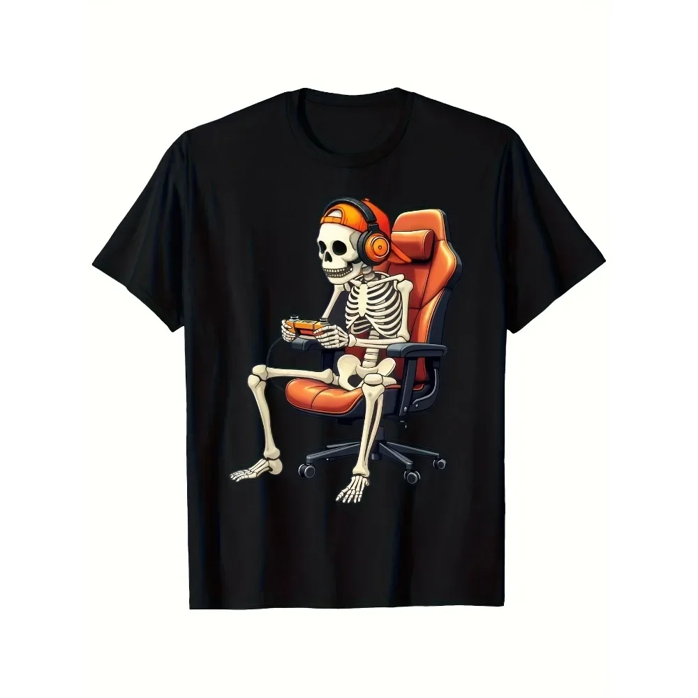 Men's & Boys' Vintage Gaming T-Shirt - Retro Skeleton Video Game Character Graphic Tee, Short Sleeve Casual Shirt for Halloween