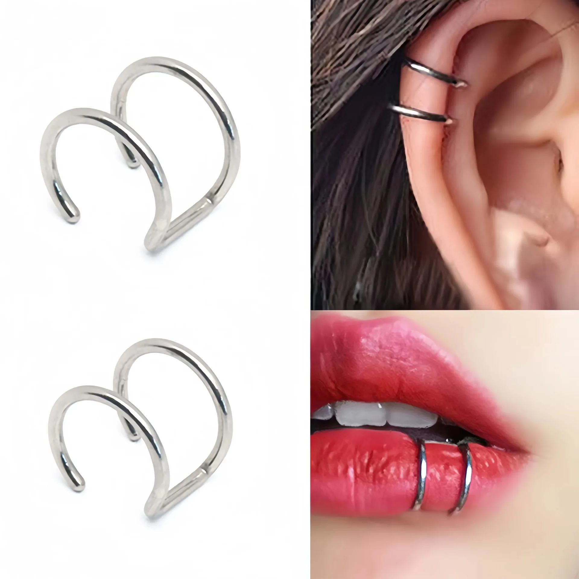 2 pezzi in acciaio inossidabile 316L Clip on Ear Cuffs Helix cartilagine orecchini anello per labbra finte anello Labret Non Piercing per donna uomo