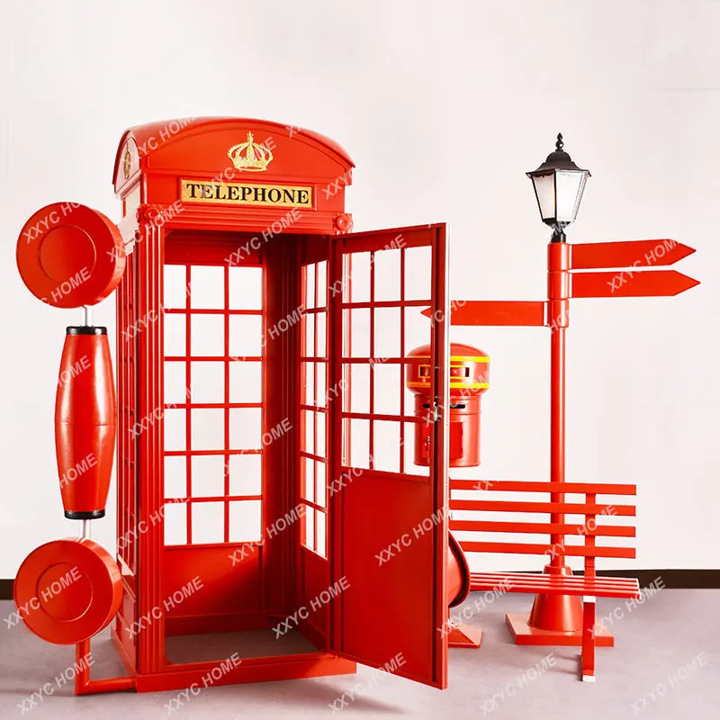 Retro Iron Art Telephone Booth Set Outdoor Large Prop Decoration Clock-in Decoration Bar Scenic Spot Art Gallery