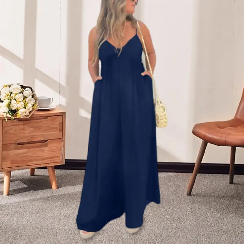 Wide Leg Jumpsuit Stylish Summer Women's Deep V Neck Sleeveless Jumpsuit with Wide Leg Pleated Spaghetti Strap Design for Casual