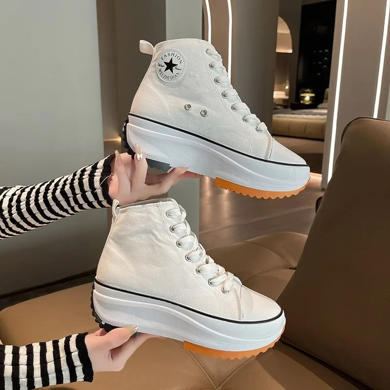 Women Cloth Flat Shoes Spring and Autumn Fashion High Top Canvas Running Casual Thick Soled Increased Walking Tennis Sneakers