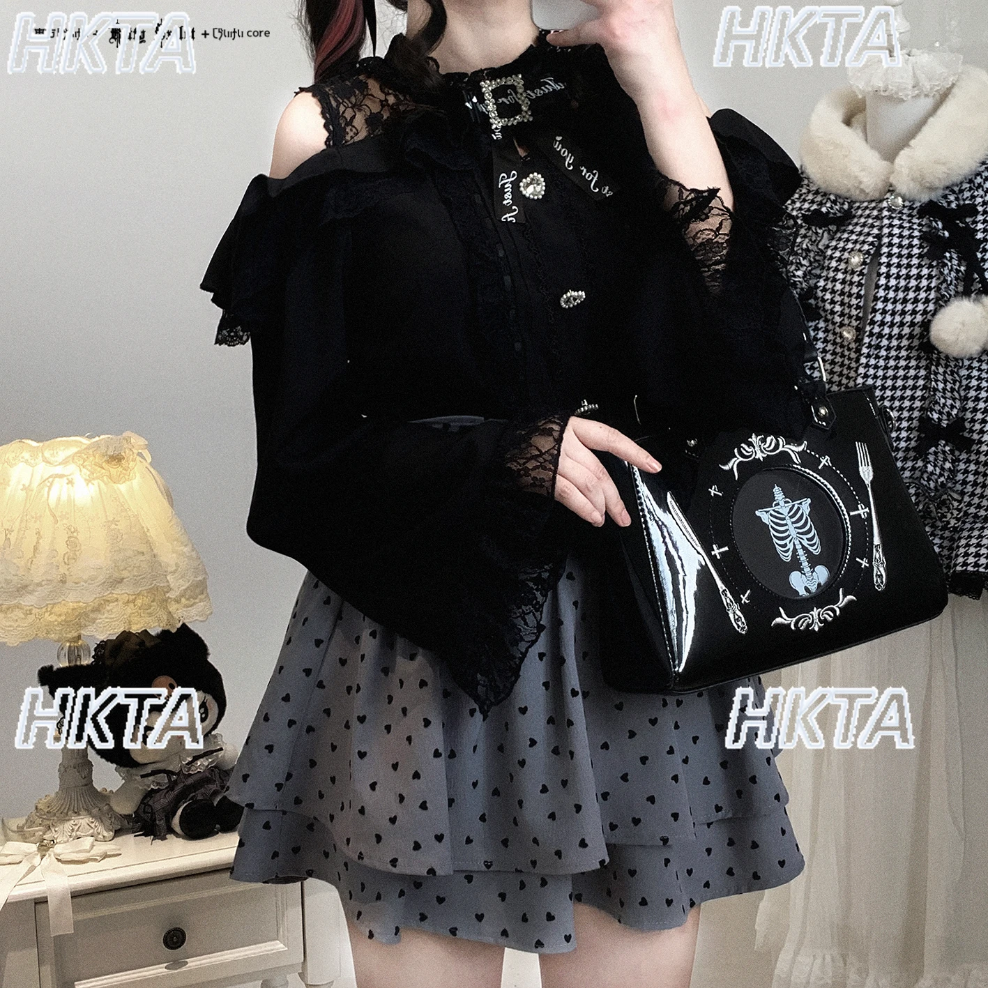 اليابانية لوليتا ركاب الجولة الرقبة خارج على الكتف طويلة الأكمام قميص أسود أعلى المرأة الخريف الحلو الدانتيل خياطة الدانتيل بلوزة #3