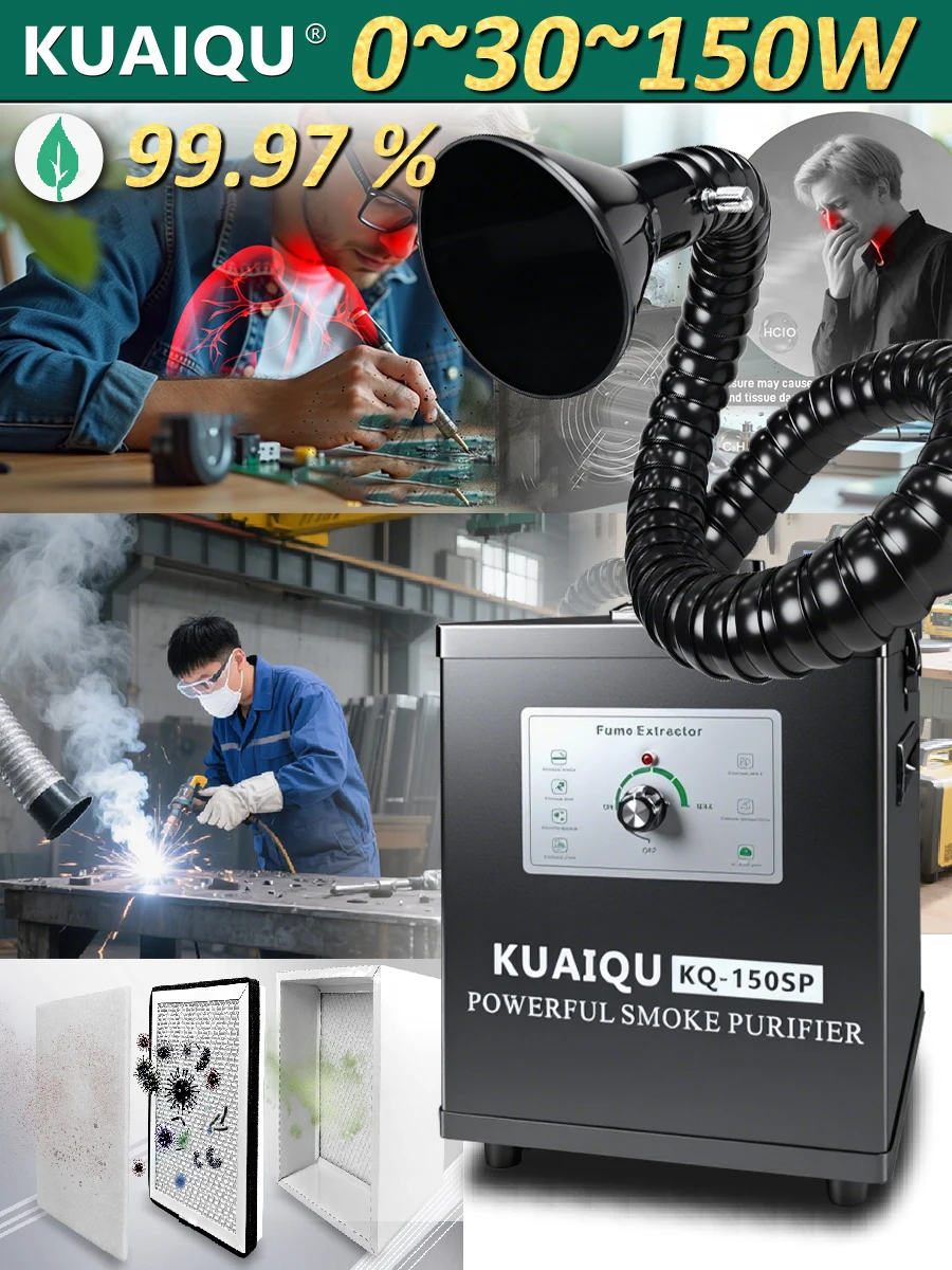KUAIQU Rauchabsauger 30W 45W 80W 150W Lötrauchgerät H13 HEPA 3-Stufen-Aktivkohlefilter-Schwamm für Schönheitspflege 3D-Drucker PCB-Lötstation Flussrauch-Entfernung Lasergravur Werkstatt Einstellbarer