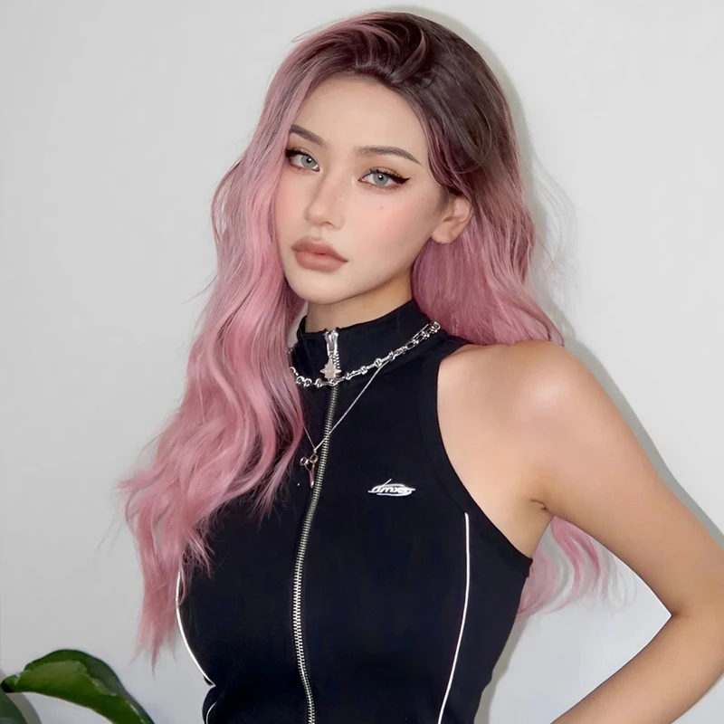 Ombre Pink Wigs Synthetic Pink Hair Wigs Middle Part Long Wavy Wig for Women Heat Resistant Fake Hair Pink Party Cosplay Wig