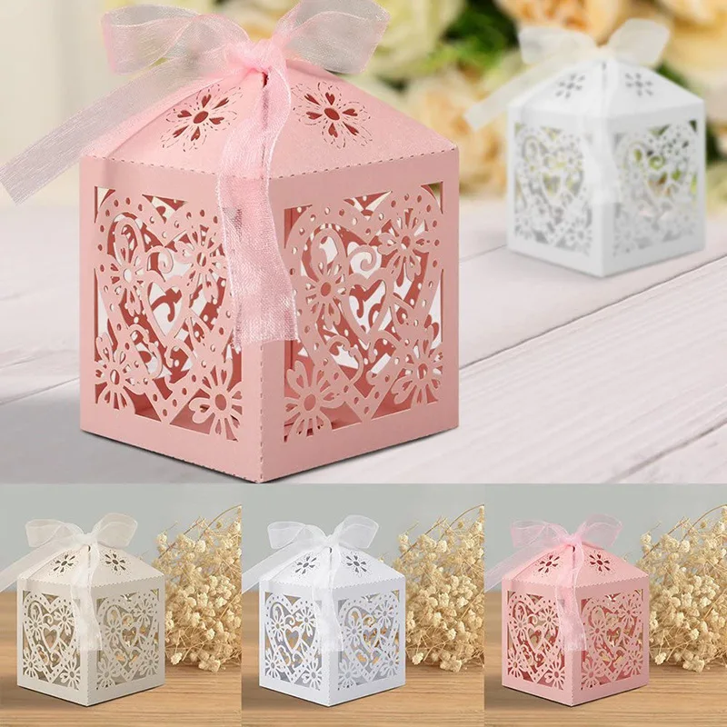 

5/50/100ps Ribbon Pyramid Laser Cut Flower Candy Box Wedding Gift for Guest Baby Shower Birthday Candy Gift Chocolate Box Hollow