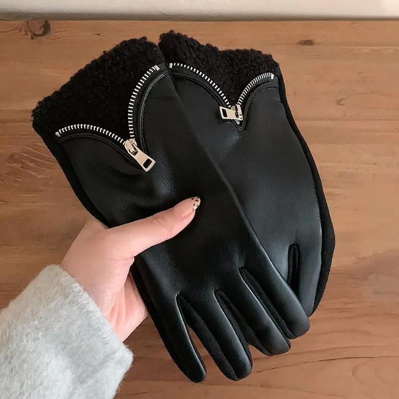 بو الجلود قفازات الشتاء الدافئة لامب الصوف قفازات شاشة لمس للنساء في الهواء الطلق ركوب يندبروف قفازات مقاومة للبرد #5