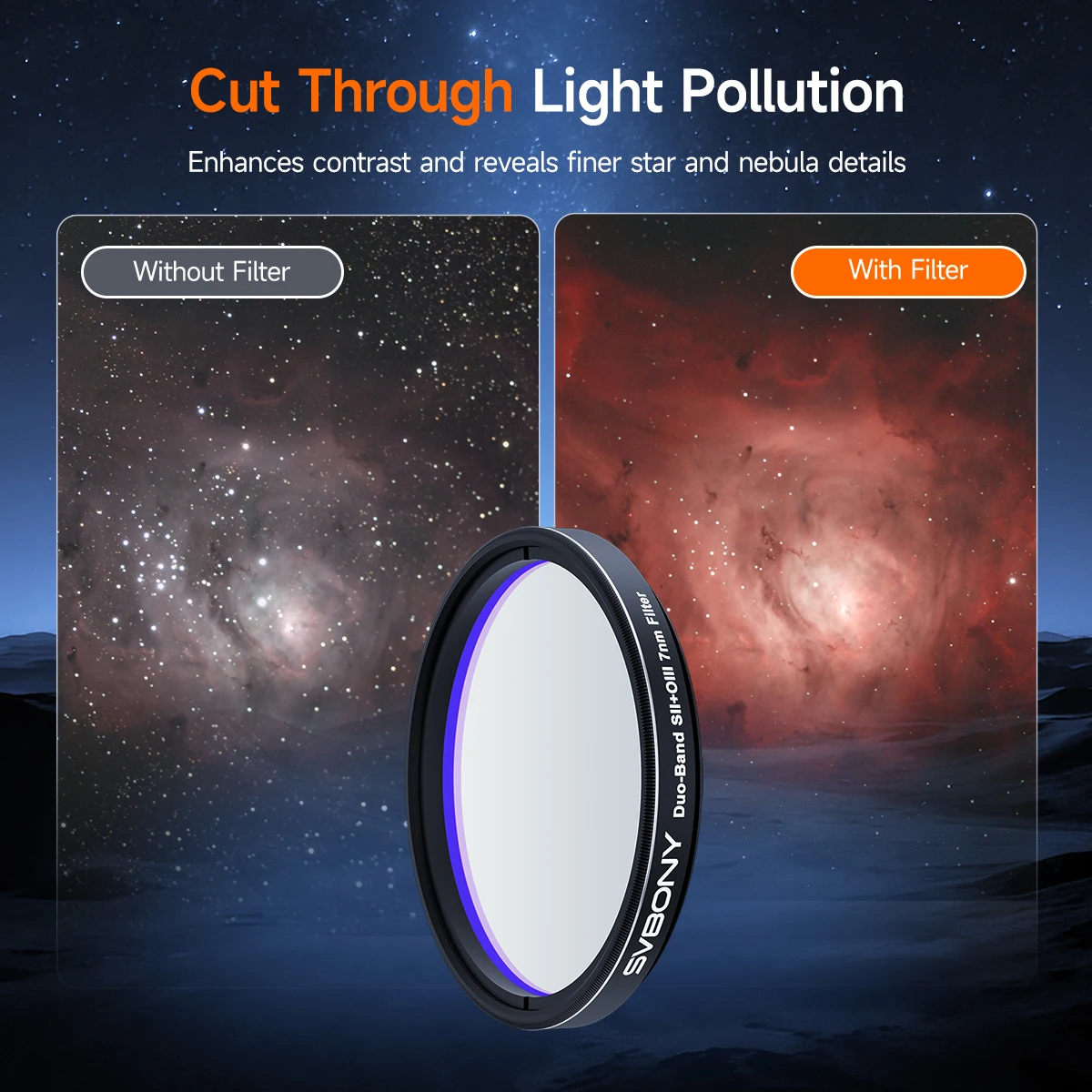 Svbony SV220 Teleskopfilter SII & OIII 7 nm Dualband 1,25"/2" Nebelfilter für Astrofotografie, beide in Licht verschmutzt – Detail 17