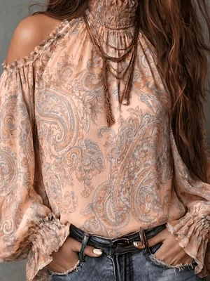 Boho Paisley-Print Chiffon-Top Damen Sexy Off-Shoulder Bluse mit Trompetenärmeln Retro 70er Fairycore Hemden – Detail 6