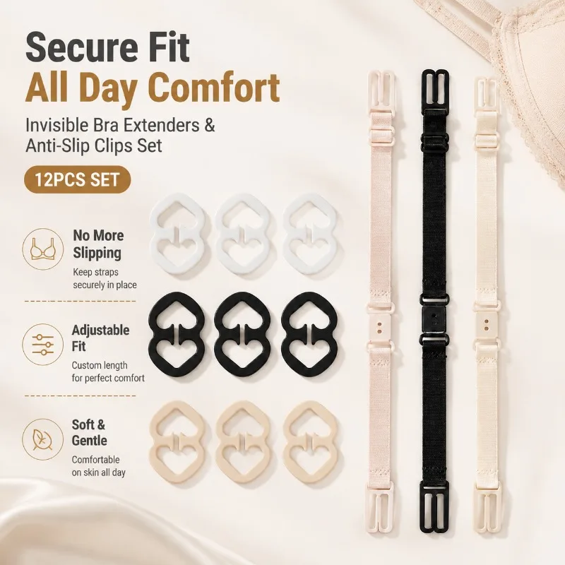 12Pcs Bra Accessories Set Including 9 Anti-slip Bra Clips and 3 Insert Style Non-slip Bra Straps Invisible Underwear Fasteners