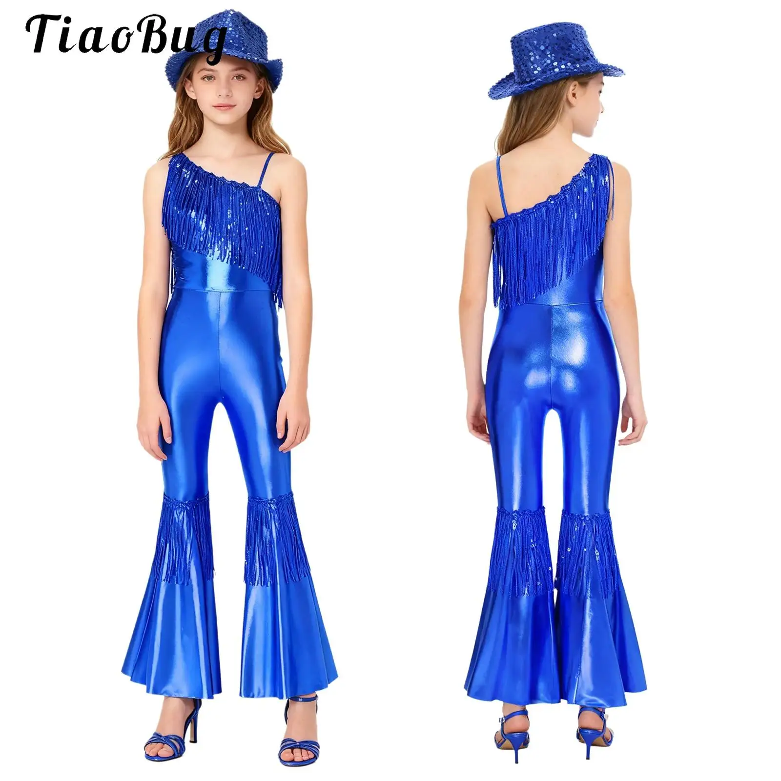 

70S Disco Vintage Jumpsuit for Kids Girls Jazz Dance Hippie Costume One Sleeve Sequins Tassels Flared Bodysuit Banquet Pageant